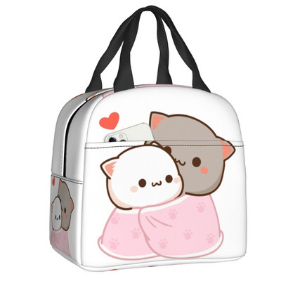 Piersici și Goma Mochi pisică care mănâncă Ramen Saci de prânz termoizolate pentru femei Recipient de prânz reutilizabil Cutie pentru alimente în aer liber