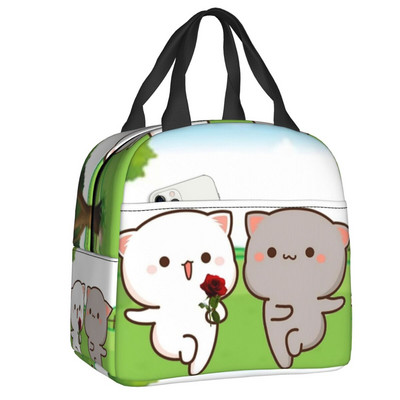 Piersici și Goma Mochi pisică care mănâncă Ramen Saci de prânz termoizolate pentru femei Recipient de prânz reutilizabil Cutie pentru alimente în aer liber