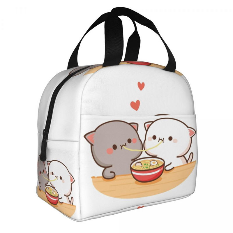Piersici și Goma Mochi pisică care mănâncă Ramen Saci de prânz termoizolate pentru femei Recipient de prânz reutilizabil Cutie pentru alimente în aer liber