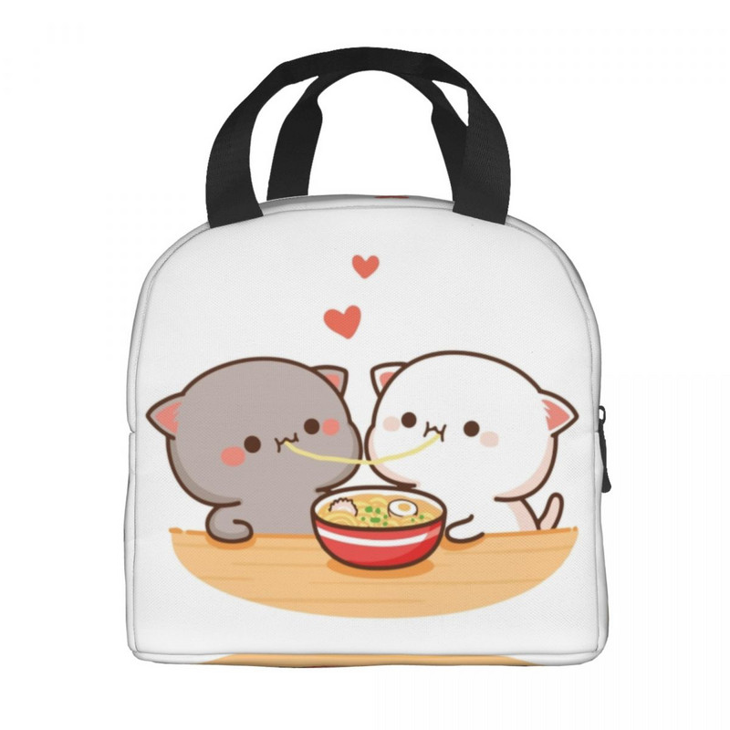 Piersici și Goma Mochi pisică care mănâncă Ramen Saci de prânz termoizolate pentru femei Recipient de prânz reutilizabil Cutie pentru alimente în aer liber