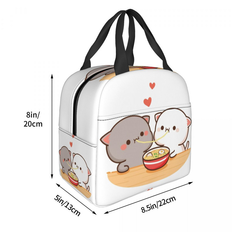 Piersici și Goma Mochi pisică care mănâncă Ramen Saci de prânz termoizolate pentru femei Recipient de prânz reutilizabil Cutie pentru alimente în aer liber