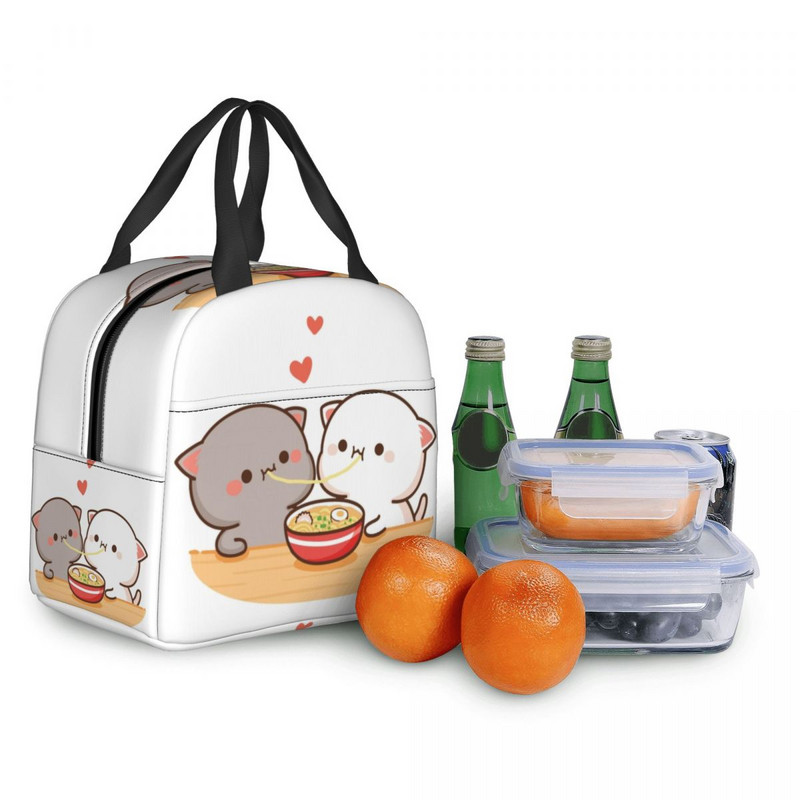 Piersici și Goma Mochi pisică care mănâncă Ramen Saci de prânz termoizolate pentru femei Recipient de prânz reutilizabil Cutie pentru alimente în aer liber