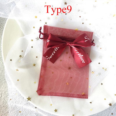 10db Ékszer csomagolótáska Hálós organza húzózsinór Bowknot Gyöngyfonal zacskók Esküvői cukorka ajándékok Tárolótáska tasakok 10*15cm
