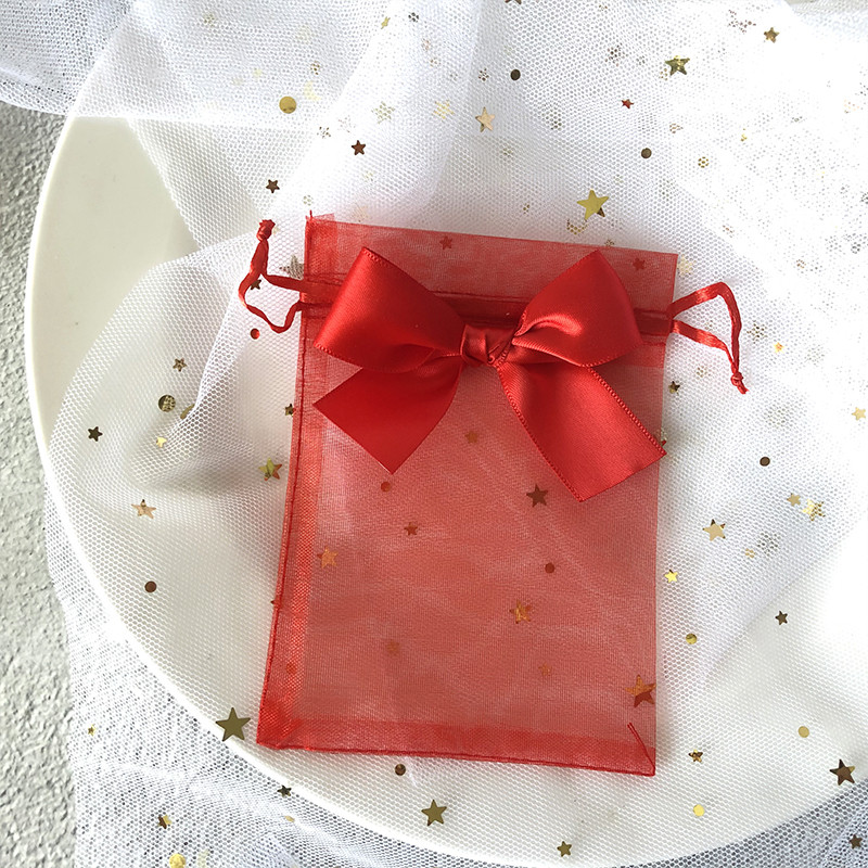 10db Ékszer csomagolótáska Hálós organza húzózsinór Bowknot Gyöngyfonal zacskók Esküvői cukorka ajándékok Tárolótáska tasakok 10*15cm