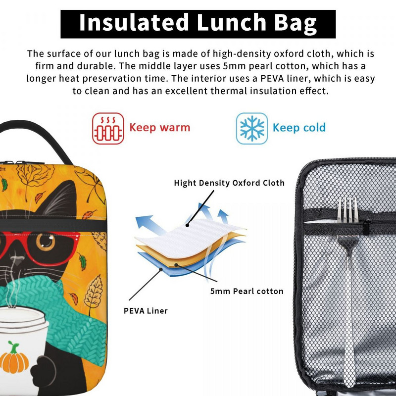 Fekete macska szigetelt ebédlőtáska nőknek Szivárgásmentes őszi sütőtök kávé hőhűtő ebéd doboz munkaiskola