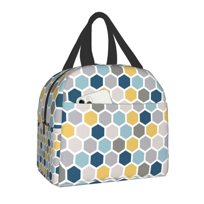 Narancssárga csillogó hurkos hatszögű, szőnyeggel szigetelt ebédlőtáskák női gyerekeknek, iskolai vintage geometrikus hőhűtő Bento Box