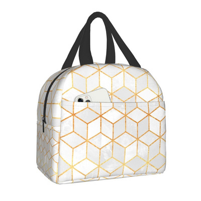 Narancssárga csillogó hurkos hatszögű, szőnyeggel szigetelt ebédlőtáskák női gyerekeknek, iskolai vintage geometrikus hőhűtő Bento Box