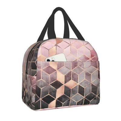 Narancssárga csillogó hurkos hatszögű, szőnyeggel szigetelt ebédlőtáskák női gyerekeknek, iskolai vintage geometrikus hőhűtő Bento Box