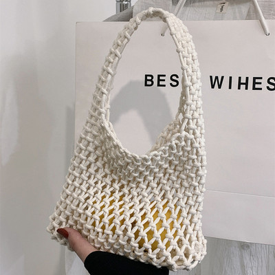 Pletena torba od slame Ženska izdubljena torba za kupnju Modna heklana torba s donjom stranom od zapešća Ženske torbice Bucket Bag