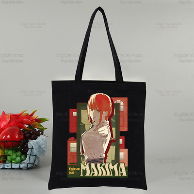 Láncfűrész férfi Makima női vásárlótáska Vászon Pochita Rajzfilm Válltáskák Anime bevásárlótáska Fekete vászon kézitáskák Eco