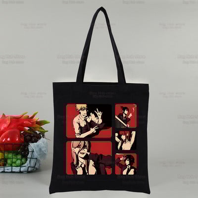 Láncfűrész férfi Makima női vásárlótáska Vászon Pochita Rajzfilm Válltáskák Anime bevásárlótáska Fekete vászon kézitáskák Eco