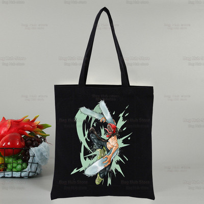 Láncfűrész férfi Makima női vásárlótáska Vászon Pochita Rajzfilm Válltáskák Anime bevásárlótáska Fekete vászon kézitáskák Eco