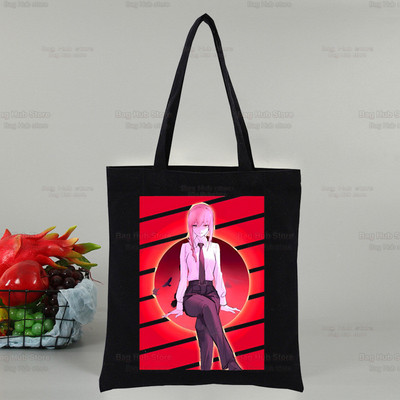 Láncfűrész férfi Makima női vásárlótáska Vászon Pochita Rajzfilm Válltáskák Anime bevásárlótáska Fekete vászon kézitáskák Eco