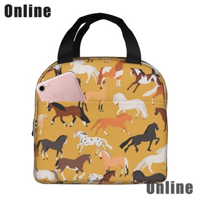 Savvaļas zirgi pusdienu soma sievietēm, meitenes, bērni, izolēts piknika maisiņš, termiskais dzesētājs Tote Bento mīkstās somas kempings, ceļojumi, makšķerēšana