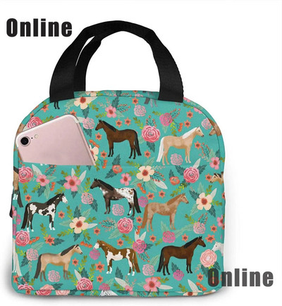 Savvaļas zirgi pusdienu soma sievietēm, meitenes, bērni, izolēts piknika maisiņš, termiskais dzesētājs Tote Bento mīkstās somas kempings, ceļojumi, makšķerēšana