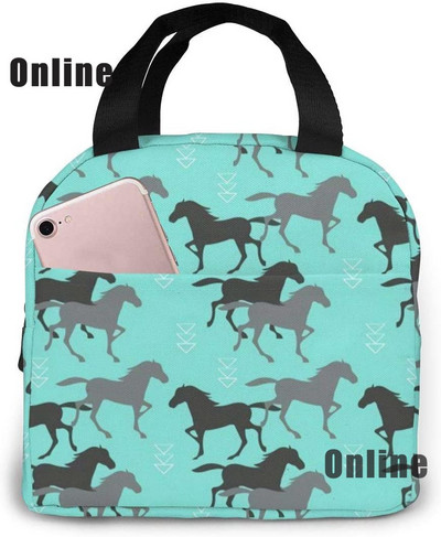 Savvaļas zirgi pusdienu soma sievietēm, meitenes, bērni, izolēts piknika maisiņš, termiskais dzesētājs Tote Bento mīkstās somas kempings, ceļojumi, makšķerēšana