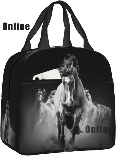 Savvaļas zirgi pusdienu soma sievietēm, meitenes, bērni, izolēts piknika maisiņš, termiskais dzesētājs Tote Bento mīkstās somas kempings, ceļojumi, makšķerēšana