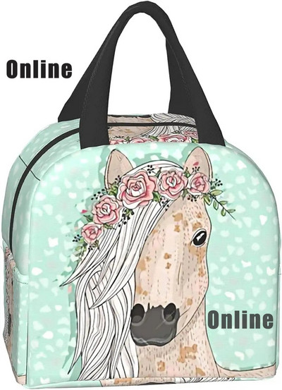 Savvaļas zirgi pusdienu soma sievietēm, meitenes, bērni, izolēts piknika maisiņš, termiskais dzesētājs Tote Bento mīkstās somas kempings, ceļojumi, makšķerēšana