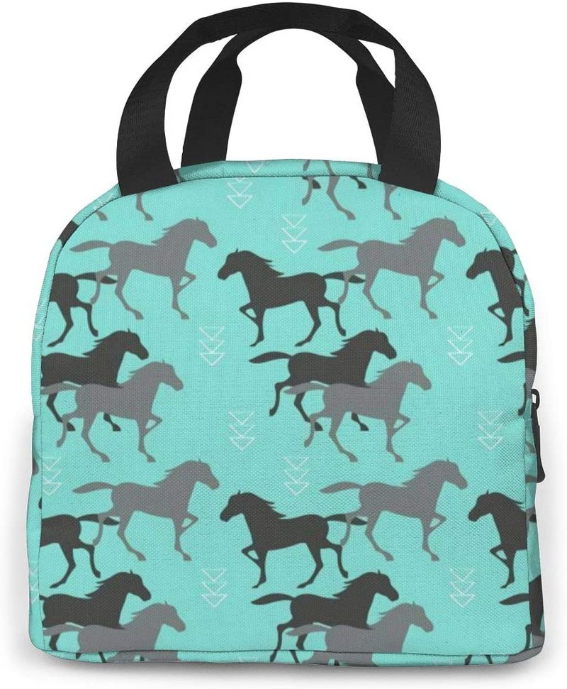 Savvaļas zirgi pusdienu soma sievietēm, meitenes, bērni, izolēts piknika maisiņš, termiskais dzesētājs Tote Bento mīkstās somas kempings, ceļojumi, makšķerēšana