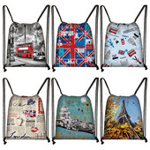 Brit stílusú húzózsinór táska London tájkép Eiffel-torony olajfestmény utazótáska tinédzser lány puha hátú hátizsák cipőtartó