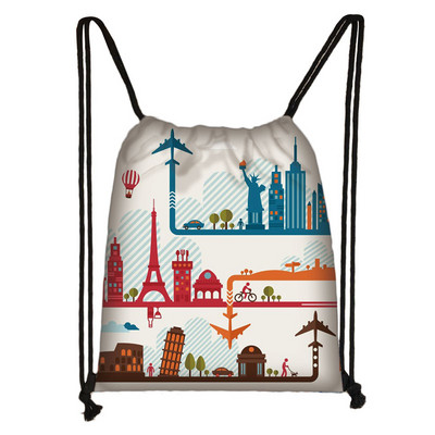 Brit stílusú húzózsinór táska London tájkép Eiffel-torony olajfestmény utazótáska tinédzser lány puha hátú hátizsák cipőtartó
