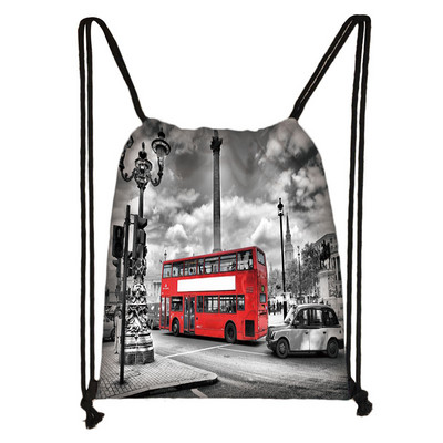 Brit stílusú húzózsinór táska London tájkép Eiffel-torony olajfestmény utazótáska tinédzser lány puha hátú hátizsák cipőtartó