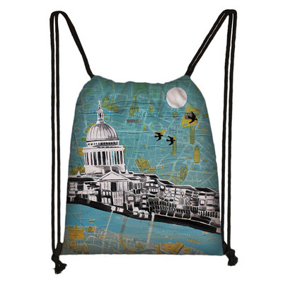 Brit stílusú húzózsinór táska London tájkép Eiffel-torony olajfestmény utazótáska tinédzser lány puha hátú hátizsák cipőtartó