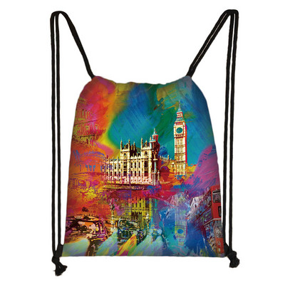 Brit stílusú húzózsinór táska London tájkép Eiffel-torony olajfestmény utazótáska tinédzser lány puha hátú hátizsák cipőtartó