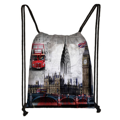 Brit stílusú húzózsinór táska London tájkép Eiffel-torony olajfestmény utazótáska tinédzser lány puha hátú hátizsák cipőtartó