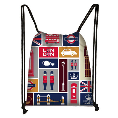 Brit stílusú húzózsinór táska London tájkép Eiffel-torony olajfestmény utazótáska tinédzser lány puha hátú hátizsák cipőtartó