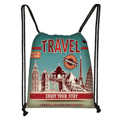 Brit stílusú húzózsinór táska London tájkép Eiffel-torony olajfestmény utazótáska tinédzser lány puha hátú hátizsák cipőtartó