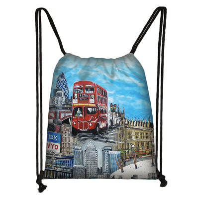 Brit stílusú húzózsinór táska London tájkép Eiffel-torony olajfestmény utazótáska tinédzser lány puha hátú hátizsák cipőtartó