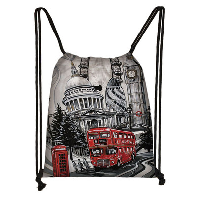 Brit stílusú húzózsinór táska London tájkép Eiffel-torony olajfestmény utazótáska tinédzser lány puha hátú hátizsák cipőtartó