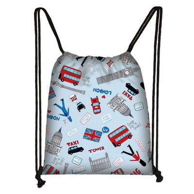 Brit stílusú húzózsinór táska London tájkép Eiffel-torony olajfestmény utazótáska tinédzser lány puha hátú hátizsák cipőtartó