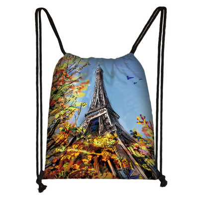 Brit stílusú húzózsinór táska London tájkép Eiffel-torony olajfestmény utazótáska tinédzser lány puha hátú hátizsák cipőtartó