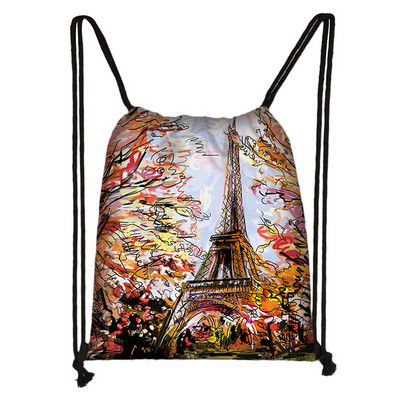 Brit stílusú húzózsinór táska London tájkép Eiffel-torony olajfestmény utazótáska tinédzser lány puha hátú hátizsák cipőtartó