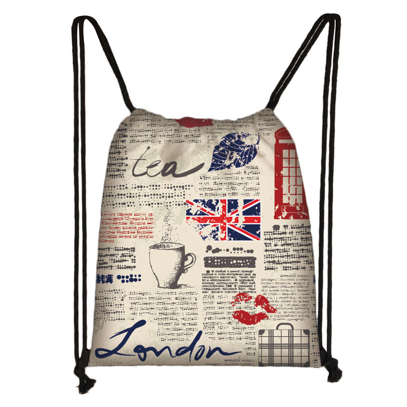 Brit stílusú húzózsinór táska London tájkép Eiffel-torony olajfestmény utazótáska tinédzser lány puha hátú hátizsák cipőtartó