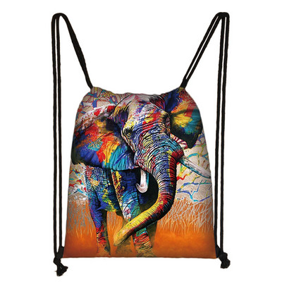 Ελαιογραφία Τσάντα με κορδόνια ελέφαντα Πολύχρωμες πάνινες τσάντες αγορών Γυναικείες τσάντες αποθήκευσης παπουτσιών Γυναικεία σακίδιο πλάτης ταξιδιού εξωτερικού χώρου