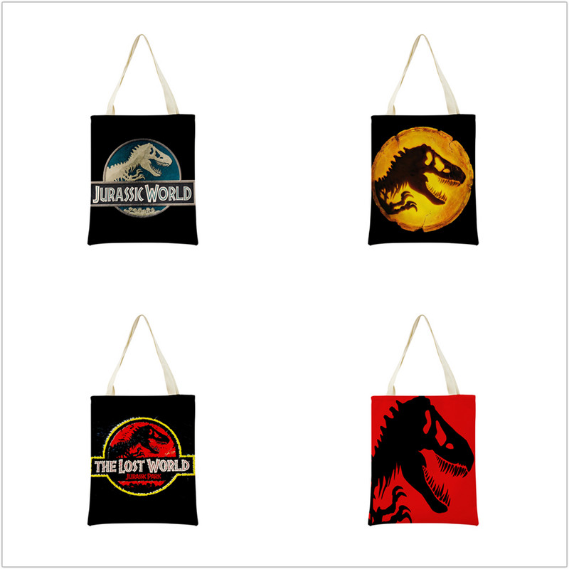 Desene animată Jurassic Park Dinozaur Model Eco Market Geanta de cumpărături Geanta de mână din in cu imprimare dublă fețe Geanta de depozitare pliabilă convenabilă