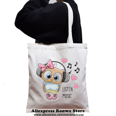 Slatka sova životinja velikog kapaciteta Ženska platnena velika torba za kupnju Djevojka Ženska ženska Ekološka studentska torba na rame za višekratnu upotrebu Crne ručne torbe