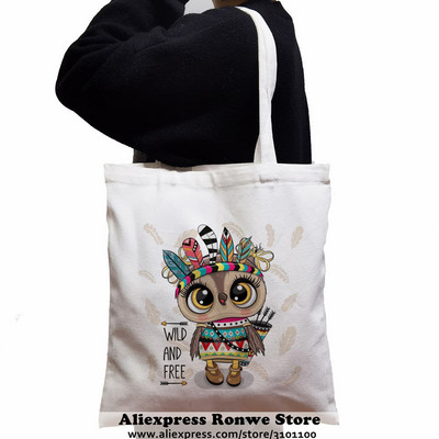 Slatka sova životinja velikog kapaciteta Ženska platnena velika torba za kupnju Djevojka Ženska ženska Ekološka studentska torba na rame za višekratnu upotrebu Crne ručne torbe