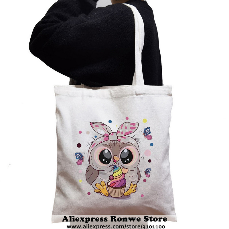 Slatka sova životinja velikog kapaciteta Ženska platnena velika torba za kupnju Djevojka Ženska ženska Ekološka studentska torba na rame za višekratnu upotrebu Crne ručne torbe