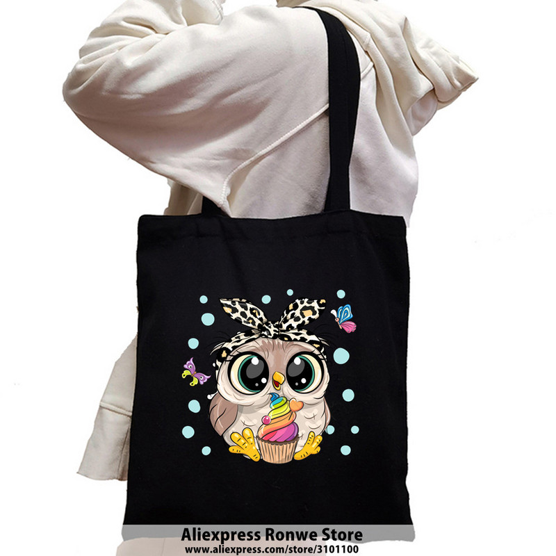 Slatka sova životinja velikog kapaciteta Ženska platnena velika torba za kupnju Djevojka Ženska ženska Ekološka studentska torba na rame za višekratnu upotrebu Crne ručne torbe