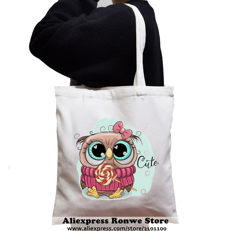 Slatka sova životinja velikog kapaciteta Ženska platnena velika torba za kupnju Djevojka Ženska ženska Ekološka studentska torba na rame za višekratnu upotrebu Crne ručne torbe