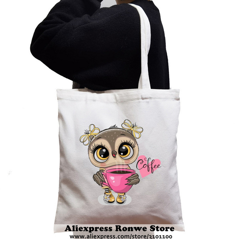Slatka sova životinja velikog kapaciteta Ženska platnena velika torba za kupnju Djevojka Ženska ženska Ekološka studentska torba na rame za višekratnu upotrebu Crne ručne torbe