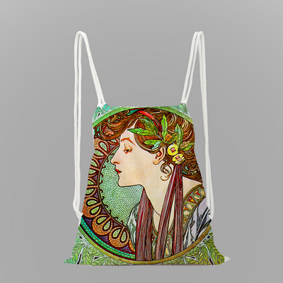 Mucha eļļas glezna drukas skolas mugursoma meitenes aukliņu soma virves soma dāmu ceļojumu mugursoma