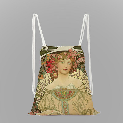 Mucha eļļas glezna drukas skolas mugursoma meitenes aukliņu soma virves soma dāmu ceļojumu mugursoma