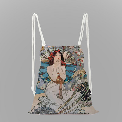 Mucha eļļas glezna drukas skolas mugursoma meitenes aukliņu soma virves soma dāmu ceļojumu mugursoma