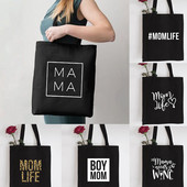 Mama Shopping Platnena crna torba Mom Life Print Putna torba od ekološke tkanine za višekratnu upotrebu Sklopive tote torbe velikog kapaciteta Torba za majčine pelene