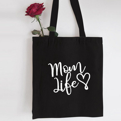 Mama Shopping Platnena crna torba Mom Life Print Putna torba od ekološke tkanine za višekratnu upotrebu Sklopive tote torbe velikog kapaciteta Torba za majčine pelene